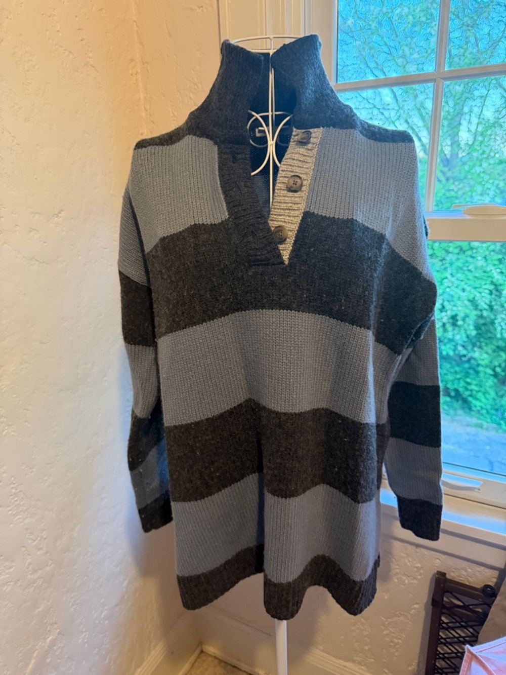 Madewell Blue & Charcoal Striped Cowl Sweater